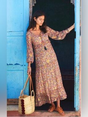 RARE NWT Sezane silk Anna maxi dress Paisley golden green pink SZ36 US4Bust36